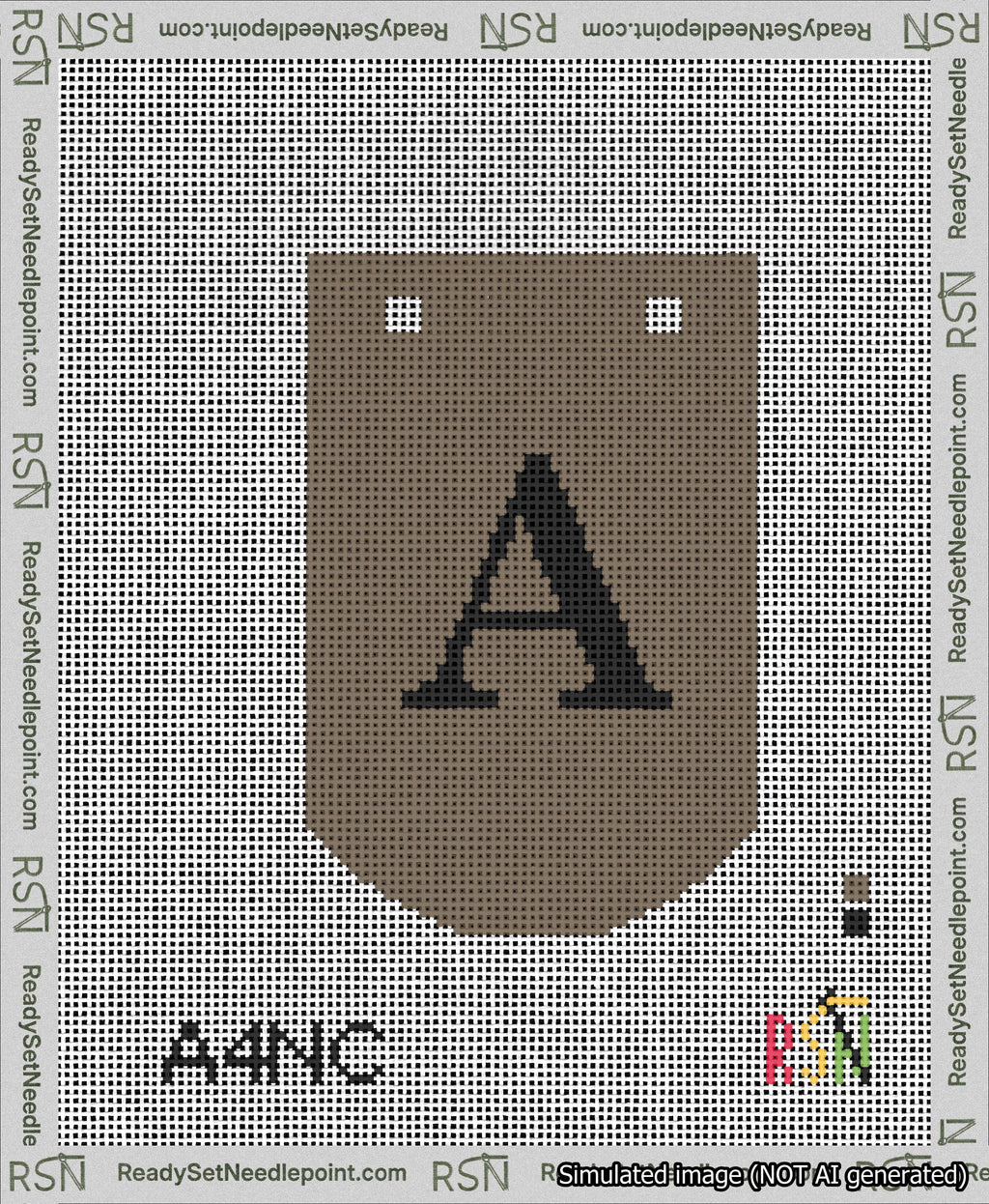 A taped needlepoint canvas with the design: Banner 13 mesh count Curved A Black on Brown.