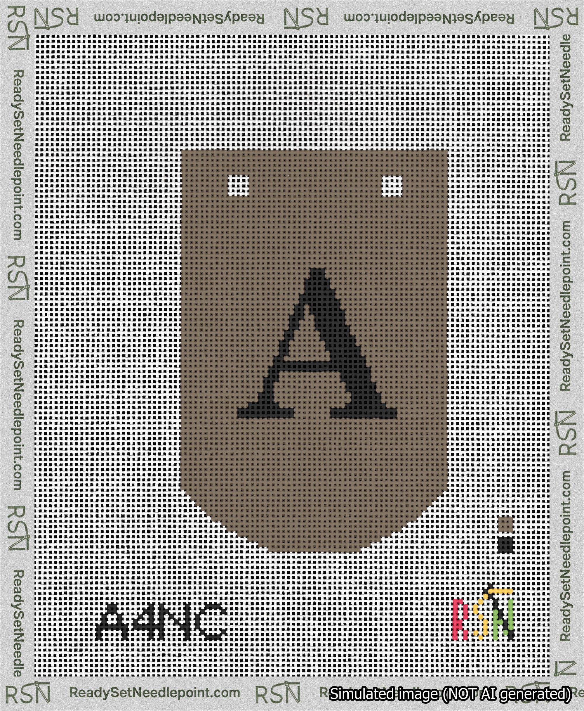 A taped needlepoint canvas with the design: Banner 13 mesh count Curved A Black on Brown.