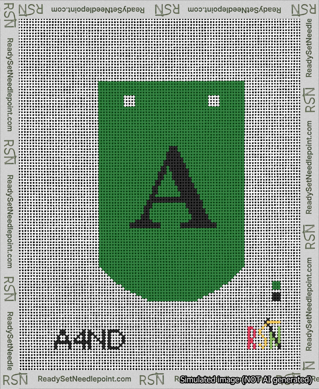 A taped needlepoint canvas with the design: Banner 13 mesh count Curved A Black on Green.