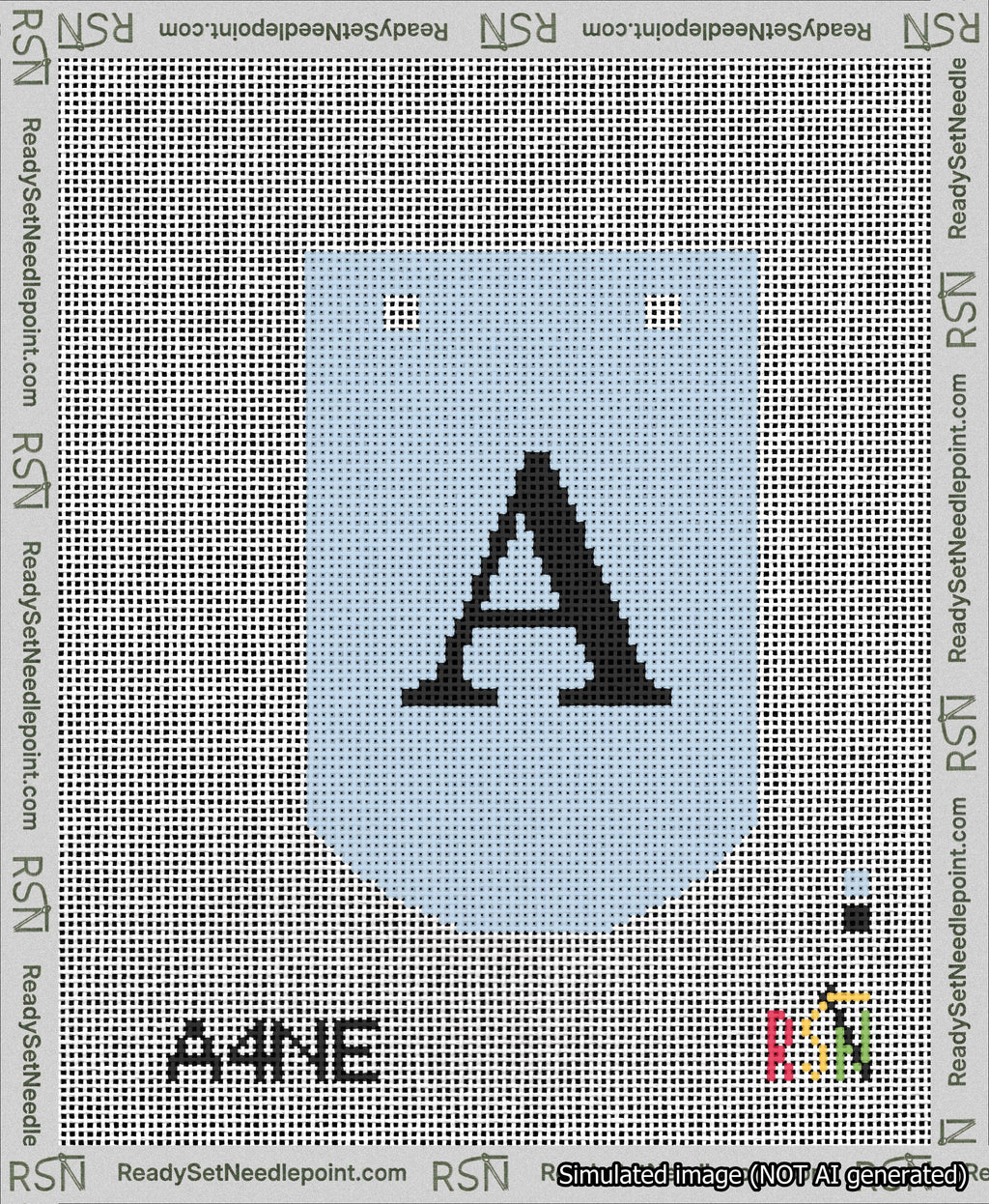A taped needlepoint canvas with the design: Banner 13 mesh count Curved A Black on Light Blue.