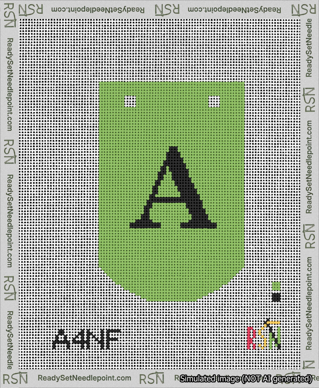 A taped needlepoint canvas with the design: Banner 13 mesh count Curved A Black on Light Green.