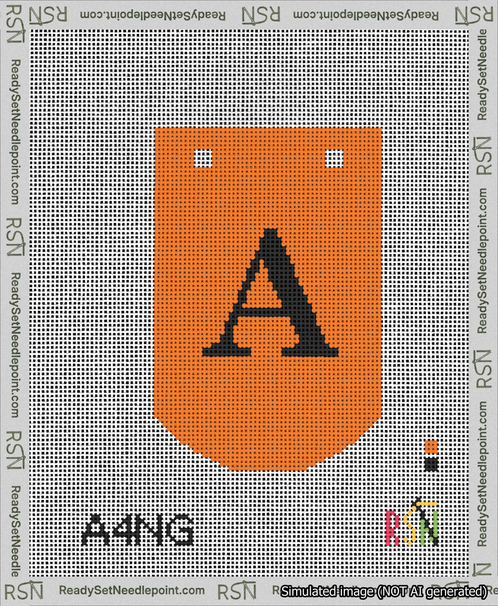 A taped needlepoint canvas with the design: Banner 13 mesh count Curved A Black on Orange.