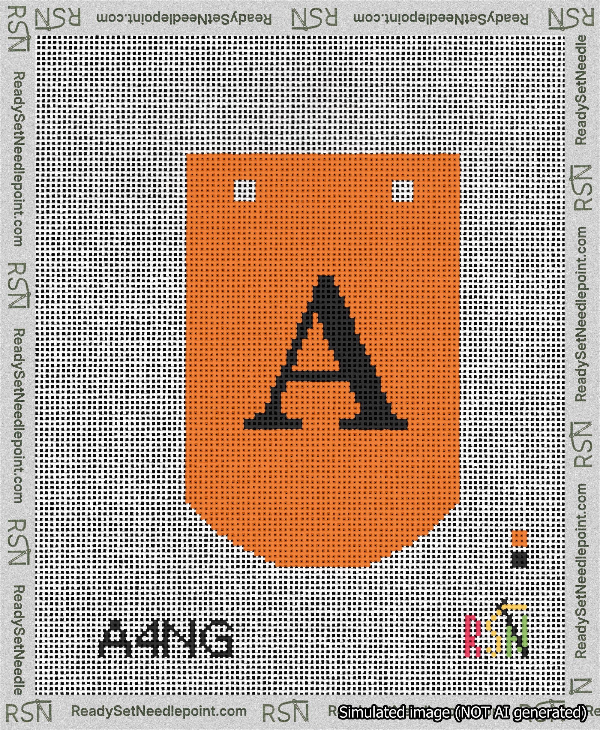 A taped needlepoint canvas with the design: Banner 13 mesh count Curved A Black on Orange.