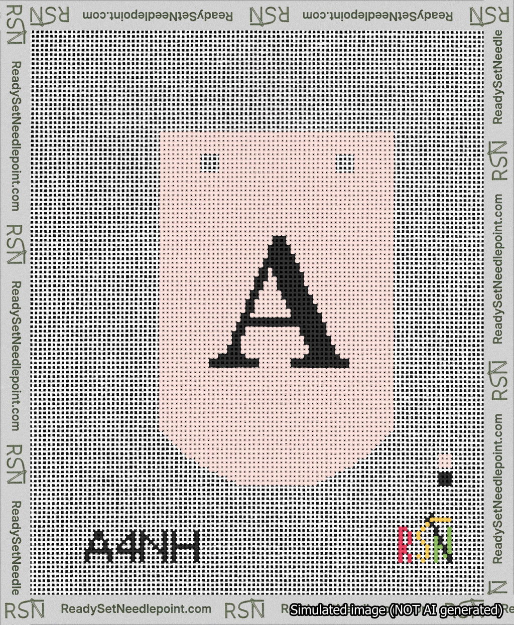 A taped needlepoint canvas with the design: Banner 13 mesh count Curved A Black on Pink.
