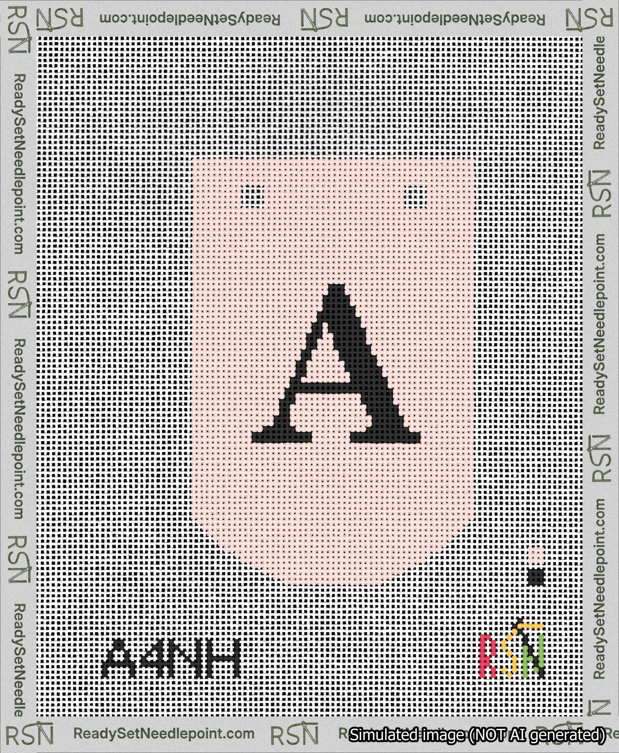 A taped needlepoint canvas with the design: Banner 13 mesh count Curved A Black on Pink.