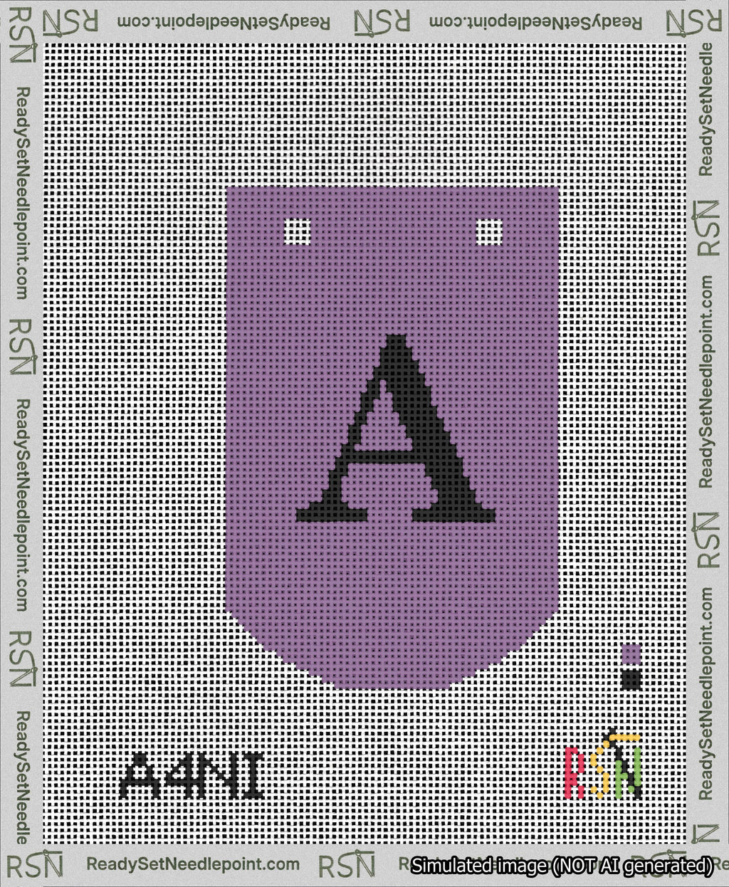 A taped needlepoint canvas with the design: Banner 13 mesh count Curved A Black on Purple.
