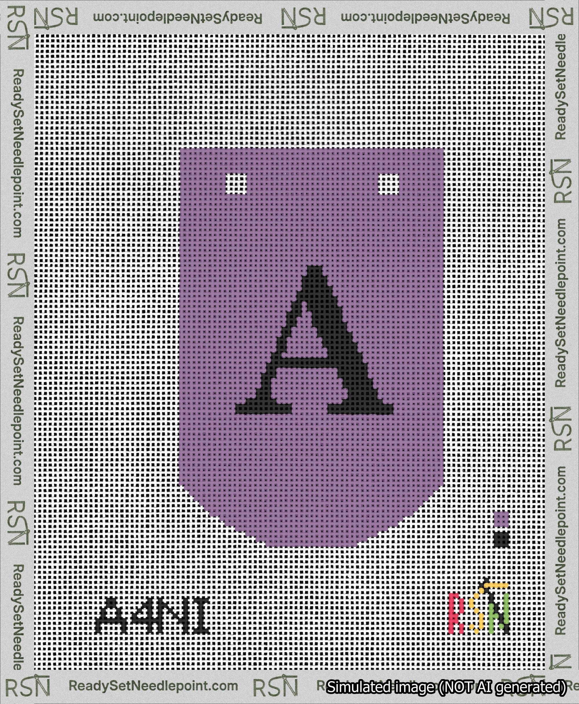A taped needlepoint canvas with the design: Banner 13 mesh count Curved A Black on Purple.