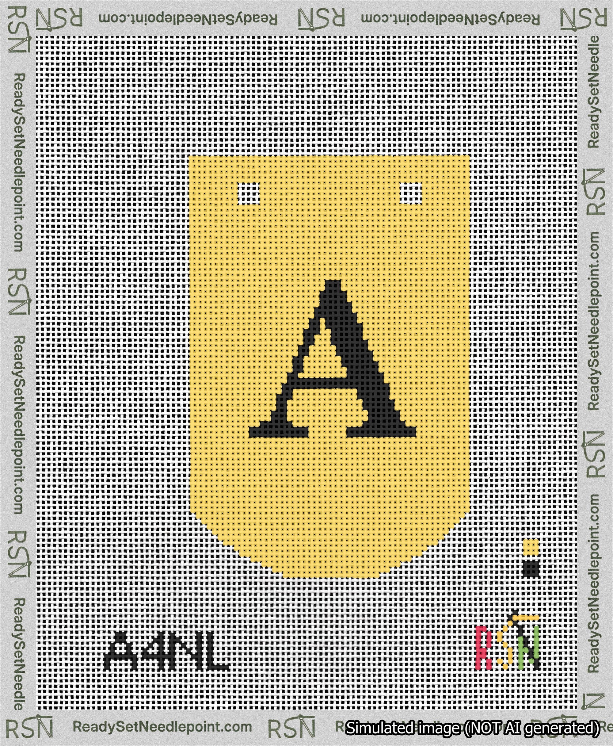 A taped needlepoint canvas with the design: Banner 13 mesh count Curved A Black on Yellow.