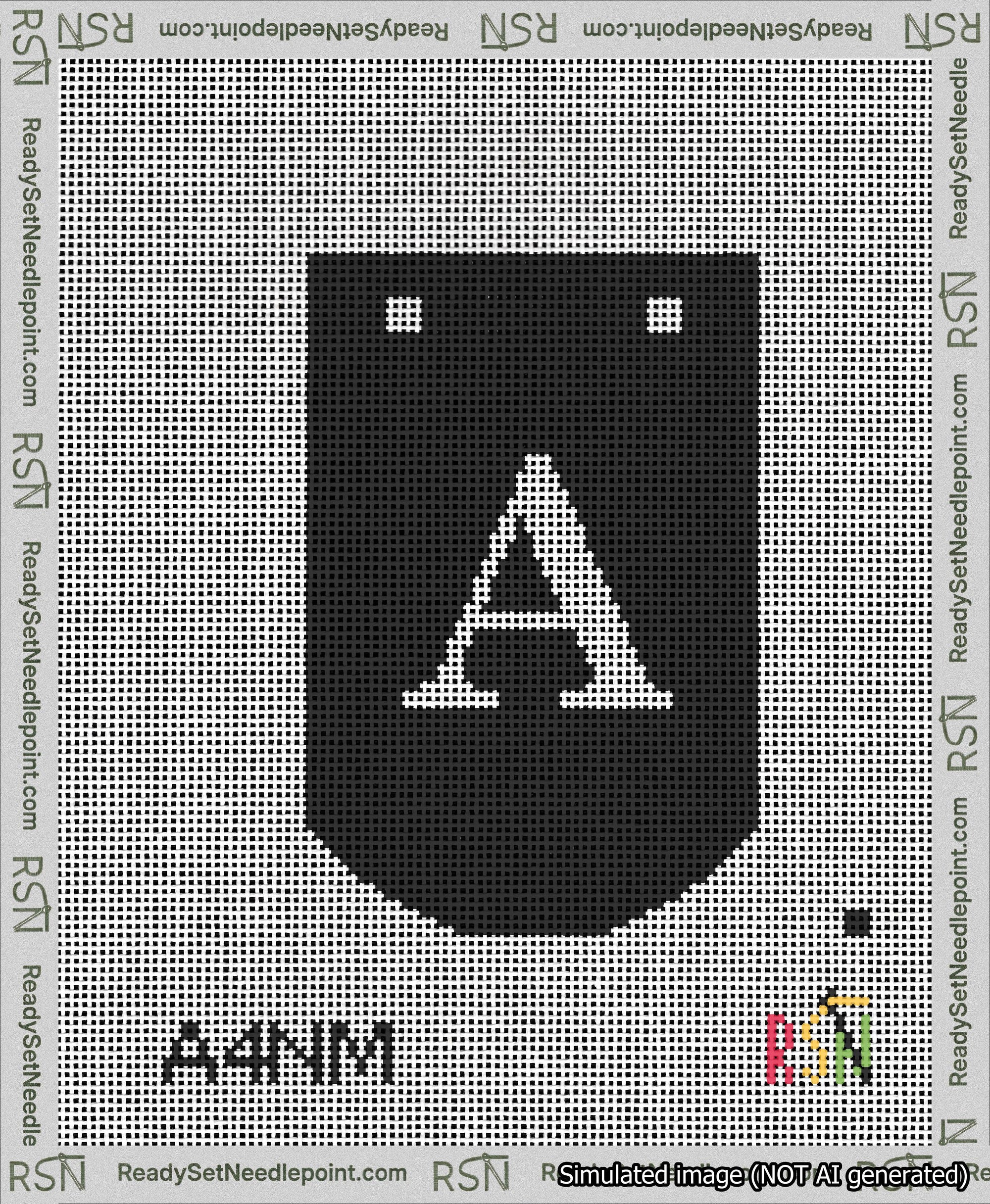A taped needlepoint canvas with the design: Banner 13 mesh count Curved A White on Black.