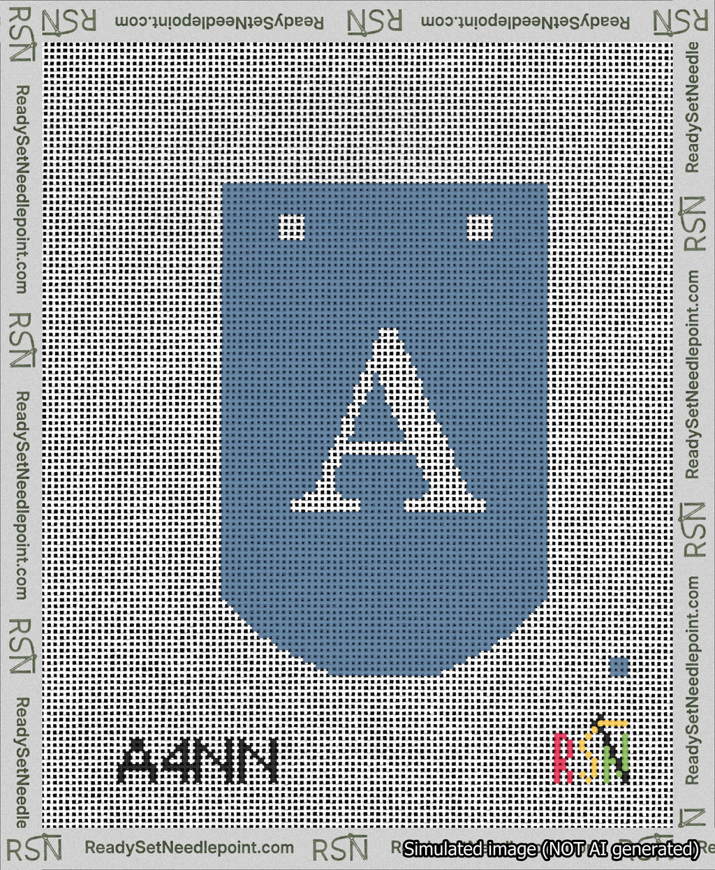 A taped needlepoint canvas with the design: Banner 13 mesh count Curved A White on Blue.