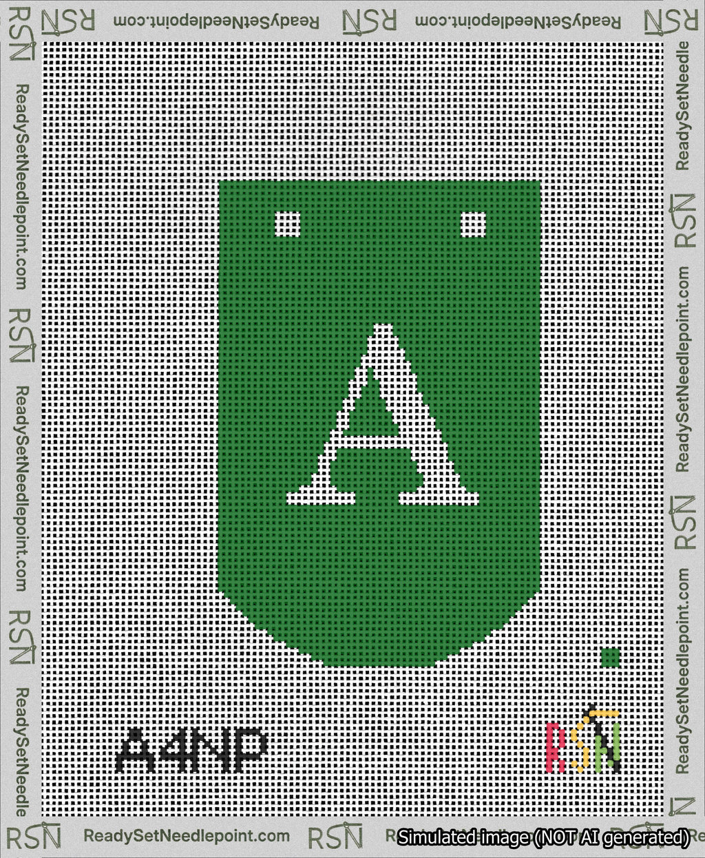 A taped needlepoint canvas with the design: Banner 13 mesh count Curved A White on Green.