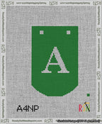 A taped needlepoint canvas with the design: Banner 13 mesh count Curved A White on Green.