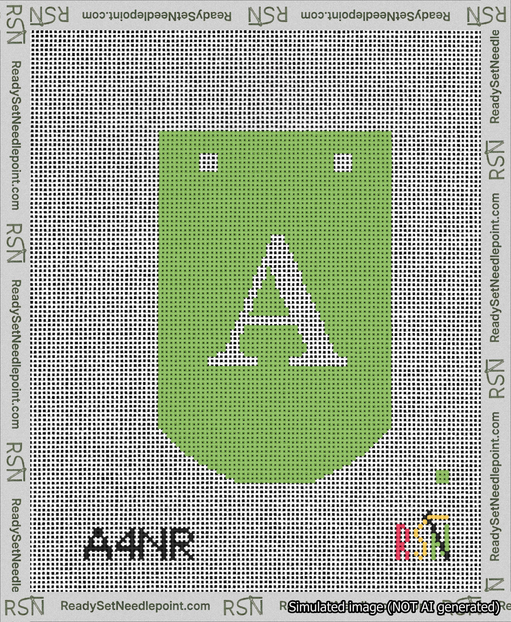 A taped needlepoint canvas with the design: Banner 13 mesh count Curved A White on Light Green.