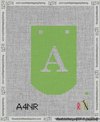 A taped needlepoint canvas with the design: Banner 13 mesh count Curved A White on Light Green.