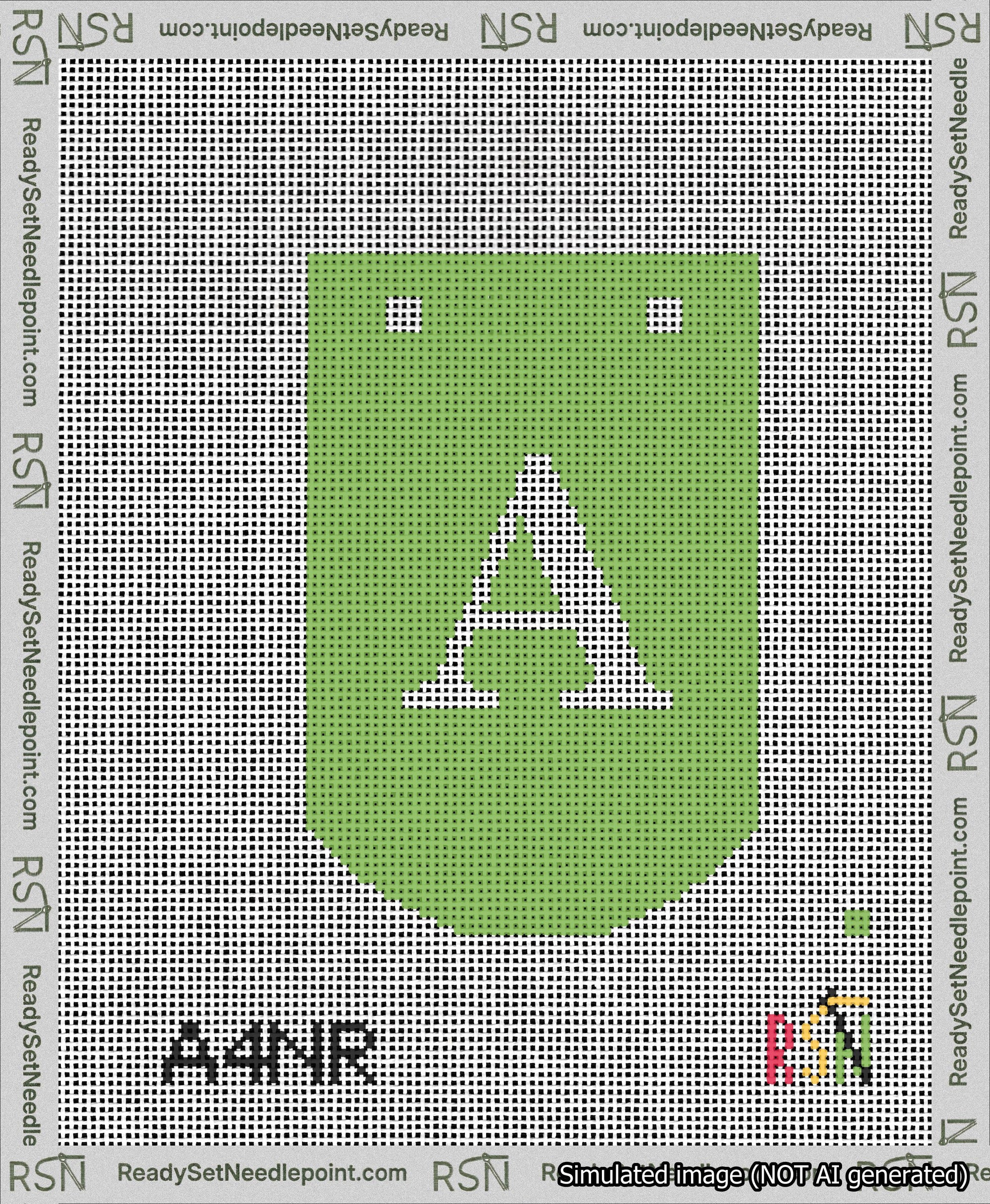 A taped needlepoint canvas with the design: Banner 13 mesh count Curved A White on Light Green.