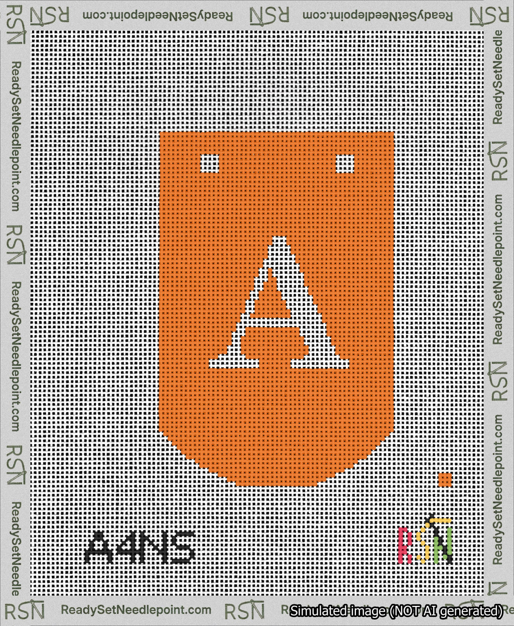 A taped needlepoint canvas with the design: Banner 13 mesh count Curved A White on Orange.