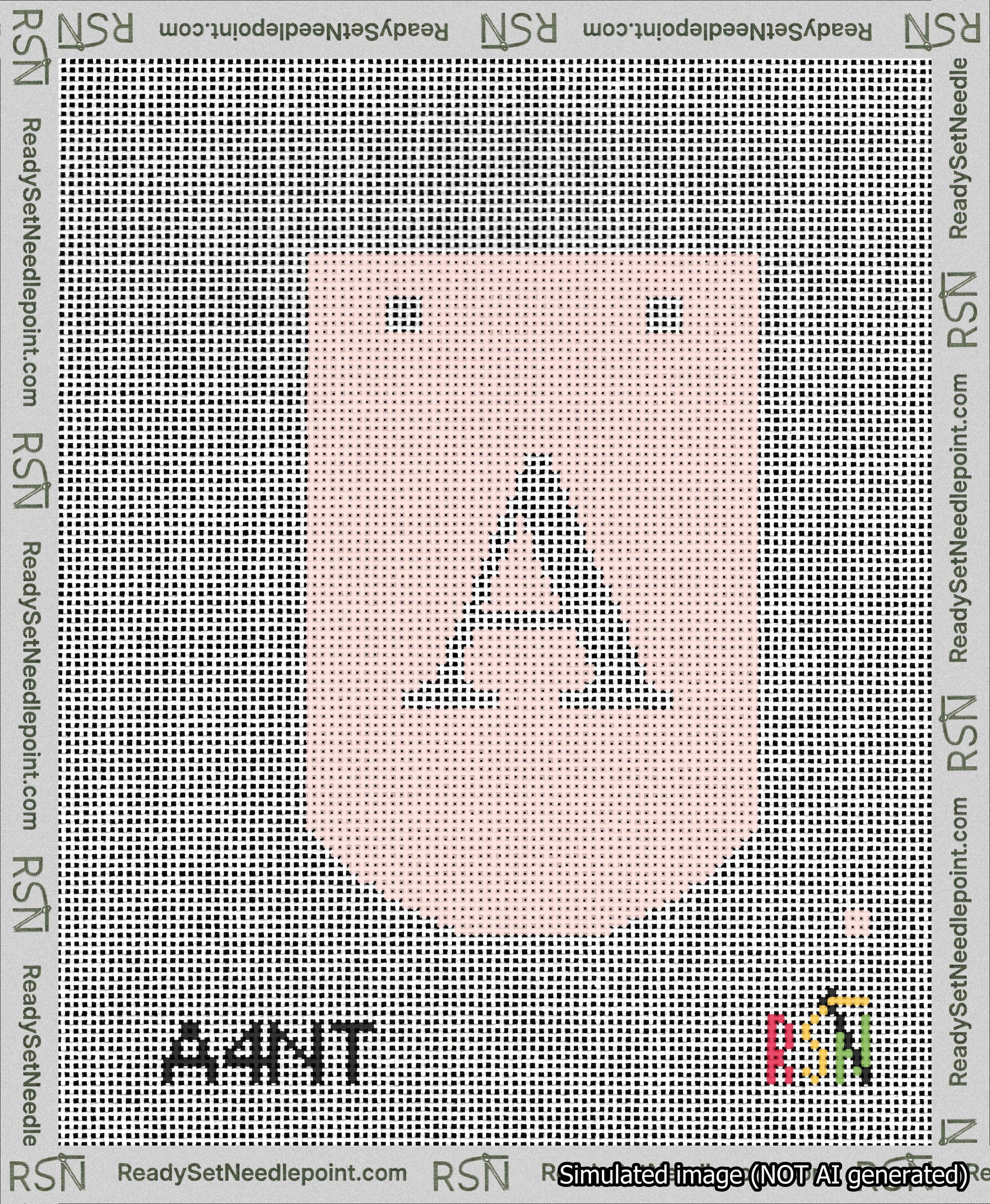 A taped needlepoint canvas with the design: Banner 13 mesh count Curved A White on Pink.
