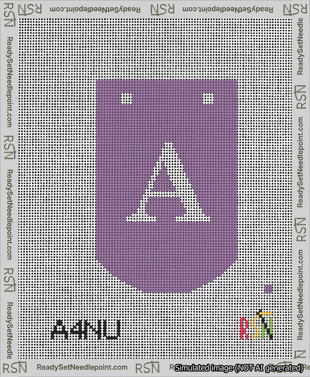 A taped needlepoint canvas with the design: Banner 13 mesh count Curved A White on Purple.