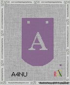 A taped needlepoint canvas with the design: Banner 13 mesh count Curved A White on Purple.