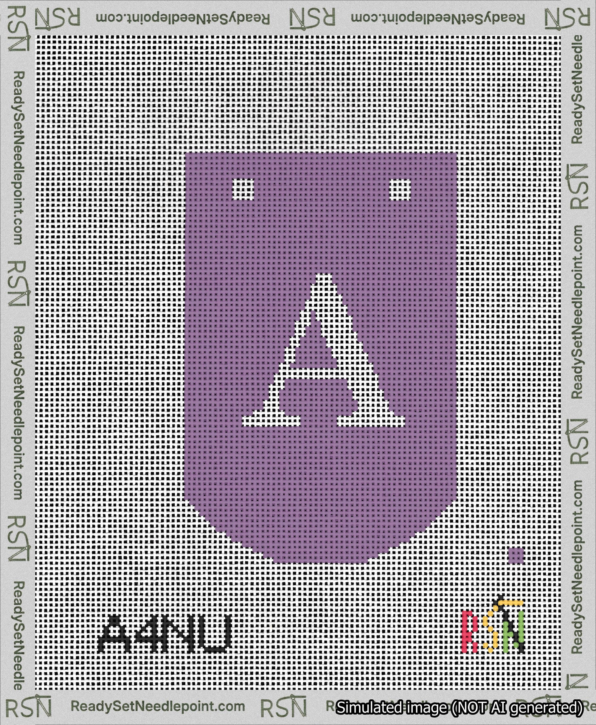 A taped needlepoint canvas with the design: Banner 13 mesh count Curved A White on Purple.