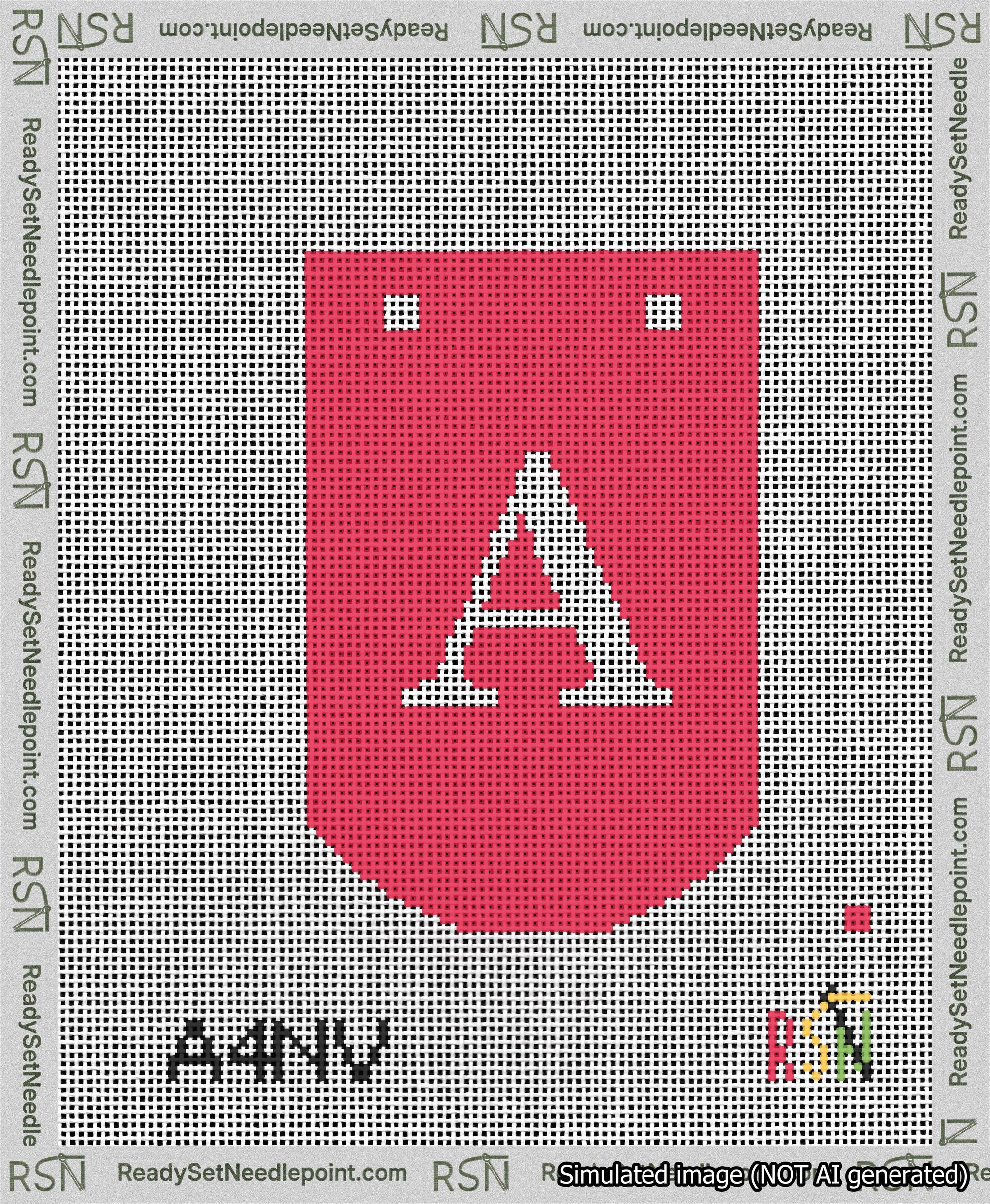 A taped needlepoint canvas with the design: Banner 13 mesh count Curved A White on Red.