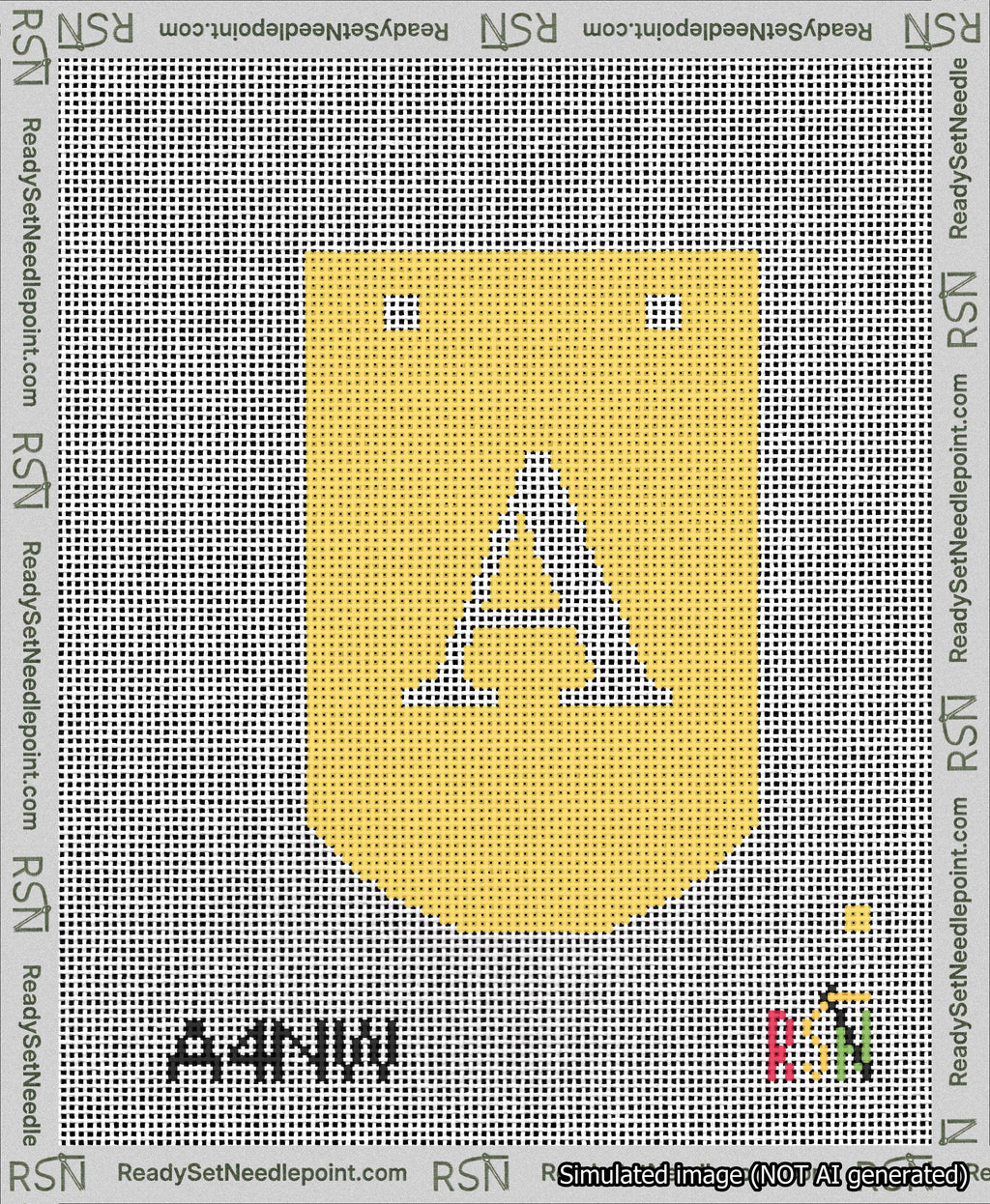A taped needlepoint canvas with the design: Banner 13 mesh count Curved A White on Yellow.