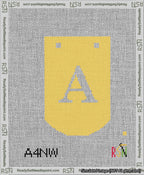 A taped needlepoint canvas with the design: Banner 13 mesh count Curved A White on Yellow.