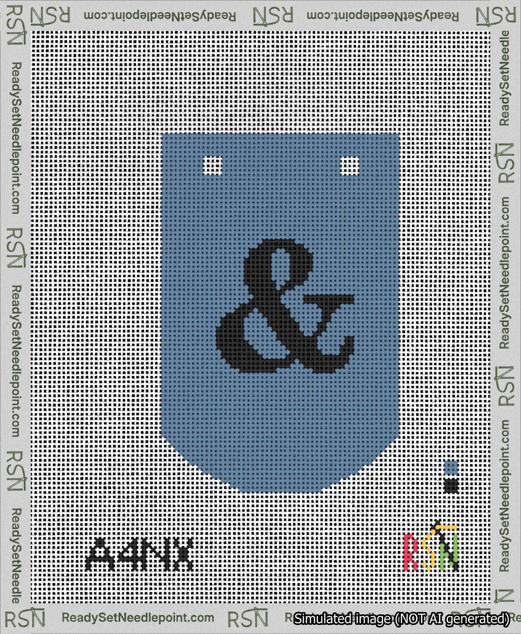 A taped needlepoint canvas with the design: Banner 13 mesh count Curved Ampersand Black on Blue.