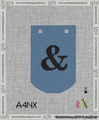 A taped needlepoint canvas with the design: Banner 13 mesh count Curved Ampersand Black on Blue.