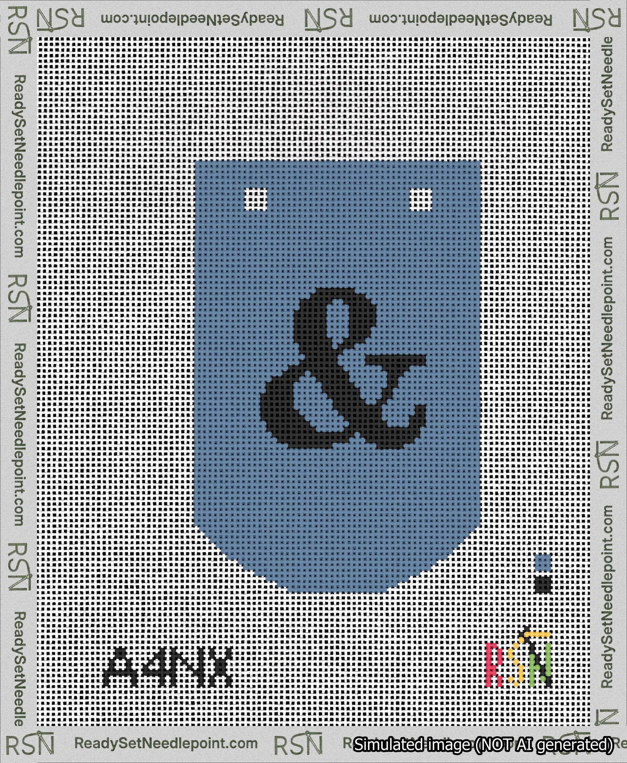 A taped needlepoint canvas with the design: Banner 13 mesh count Curved Ampersand Black on Blue.