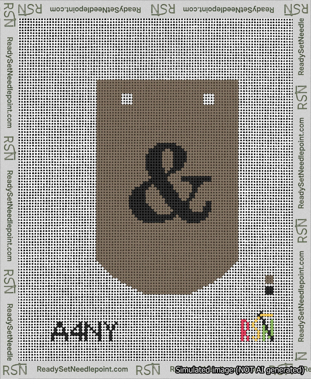 A taped needlepoint canvas with the design: Banner 13 mesh count Curved Ampersand Black on Brown.