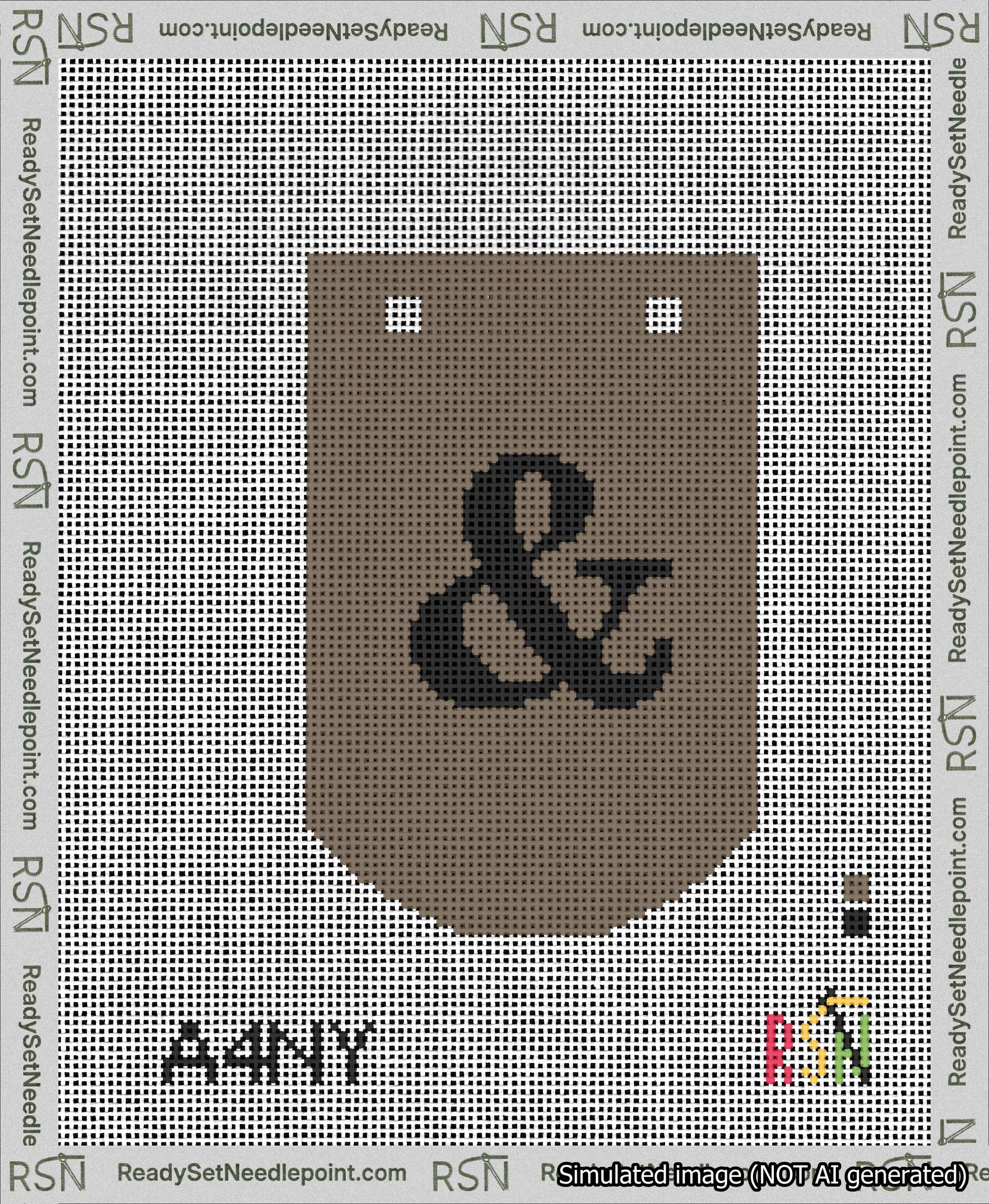 A taped needlepoint canvas with the design: Banner 13 mesh count Curved Ampersand Black on Brown.