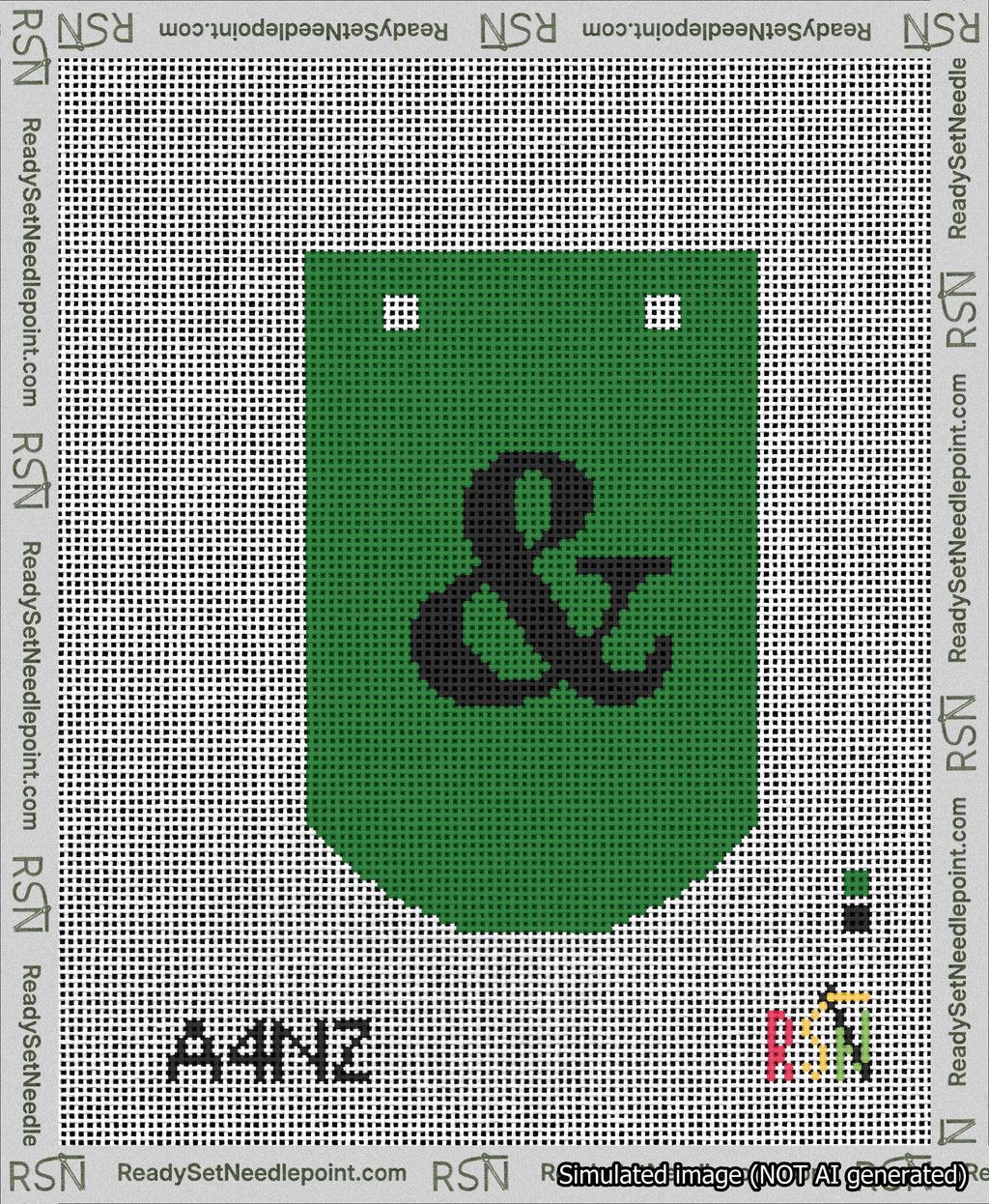 A taped needlepoint canvas with the design: Banner 13 mesh count Curved Ampersand Black on Green.