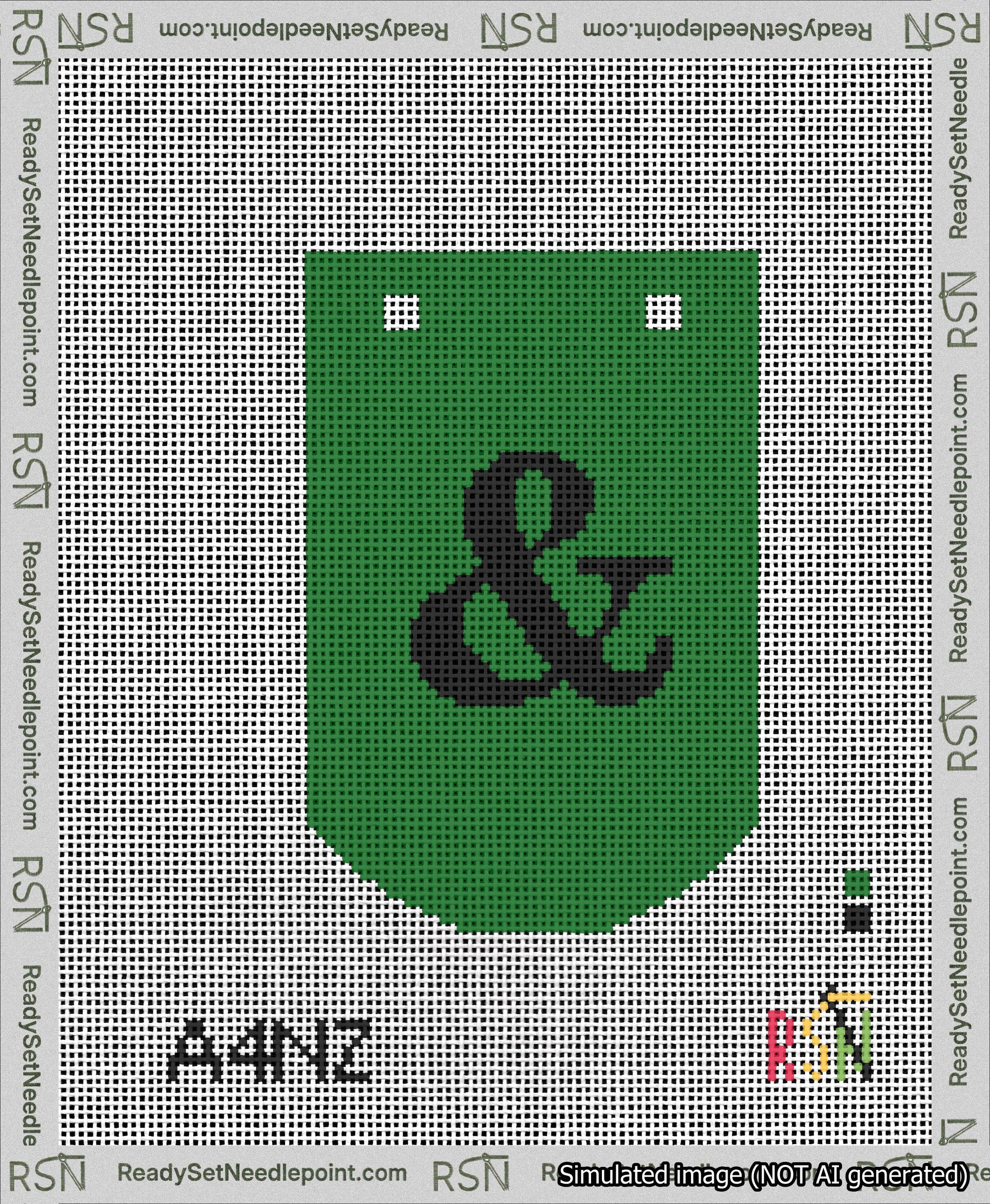 A taped needlepoint canvas with the design: Banner 13 mesh count Curved Ampersand Black on Green.