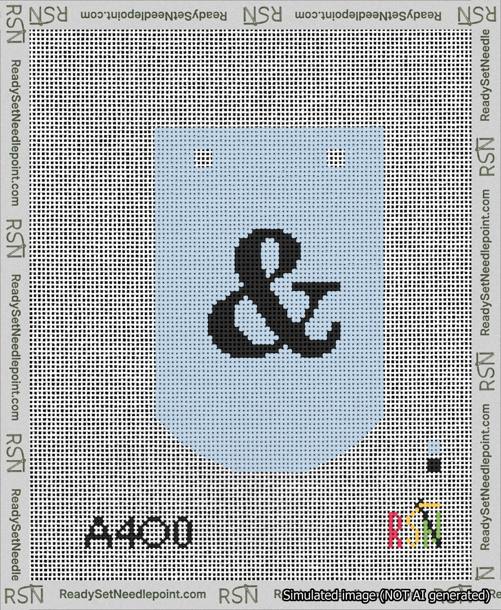 A taped needlepoint canvas with the design: Banner 13 mesh count Curved Ampersand Black on Light Blue.