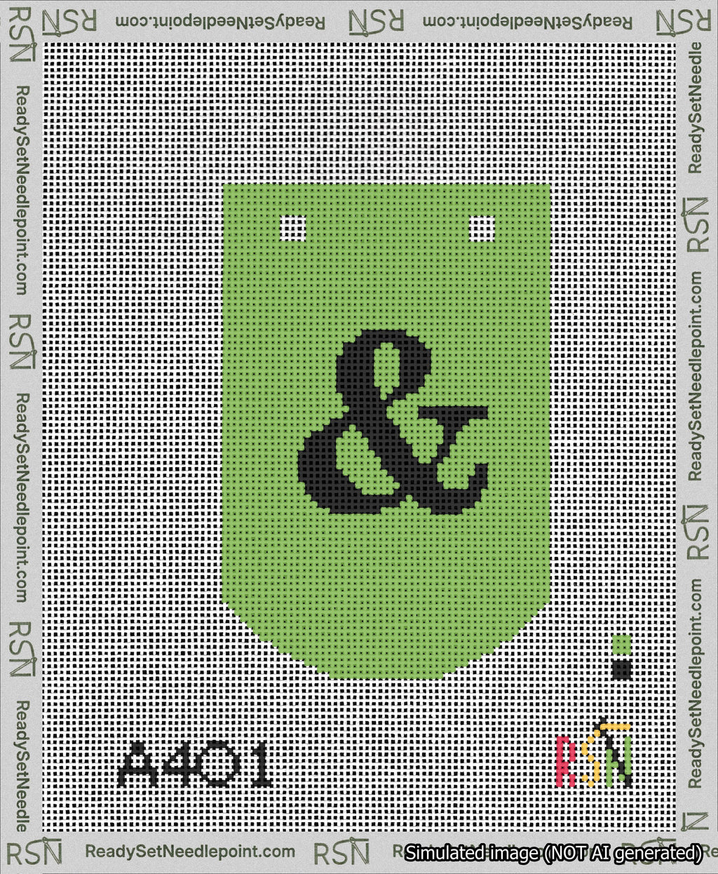 A taped needlepoint canvas with the design: Banner 13 mesh count Curved Ampersand Black on Light Green.