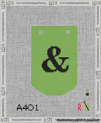 A taped needlepoint canvas with the design: Banner 13 mesh count Curved Ampersand Black on Light Green.