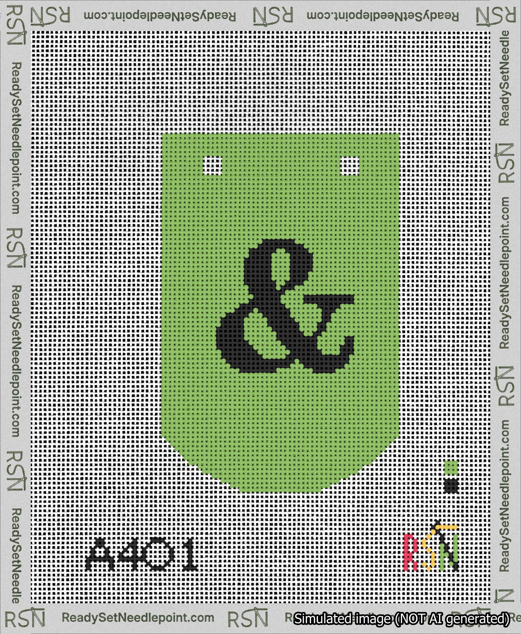 A taped needlepoint canvas with the design: Banner 13 mesh count Curved Ampersand Black on Light Green.
