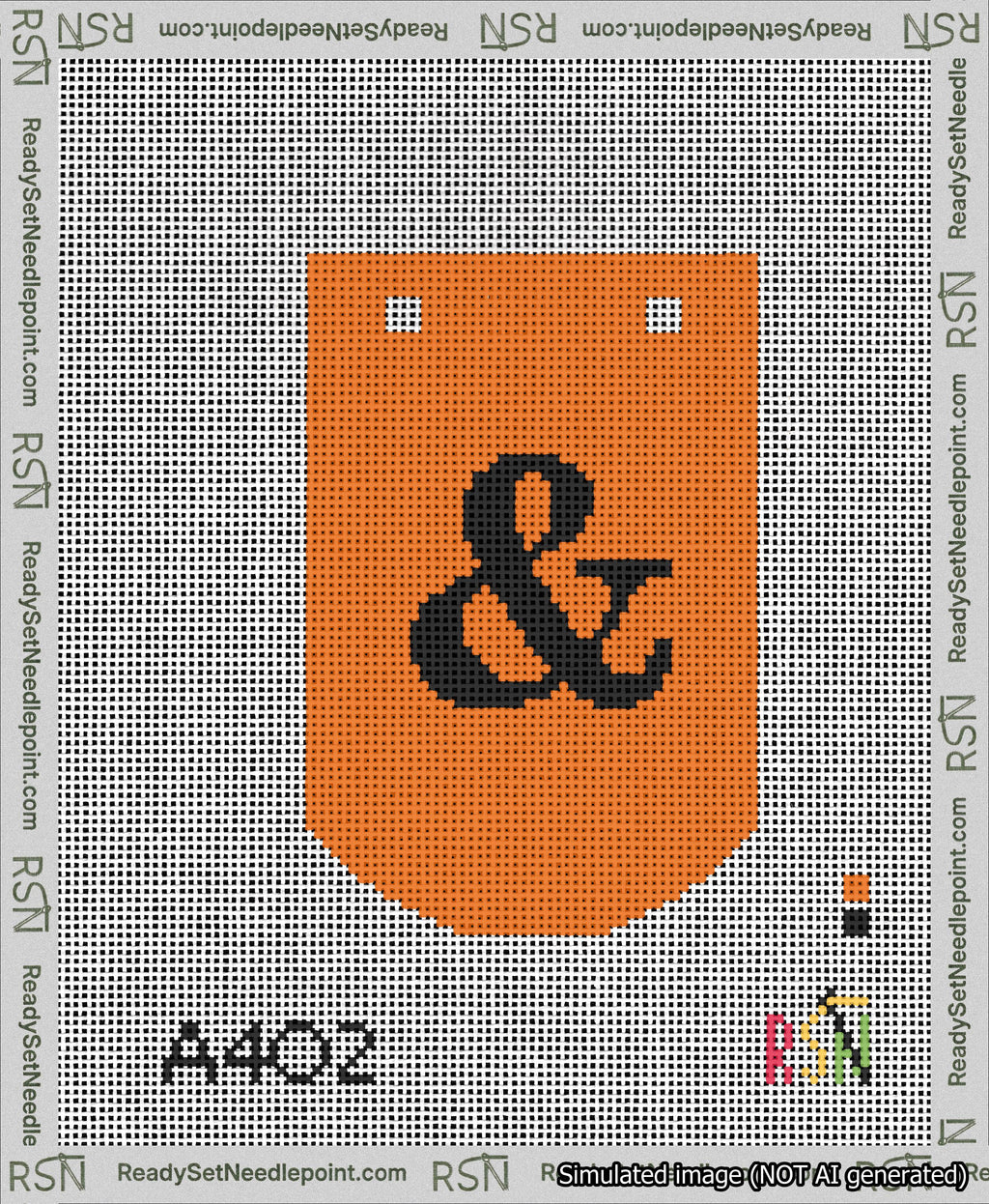 A taped needlepoint canvas with the design: Banner 13 mesh count Curved Ampersand Black on Orange.