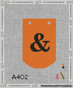 A taped needlepoint canvas with the design: Banner 13 mesh count Curved Ampersand Black on Orange.