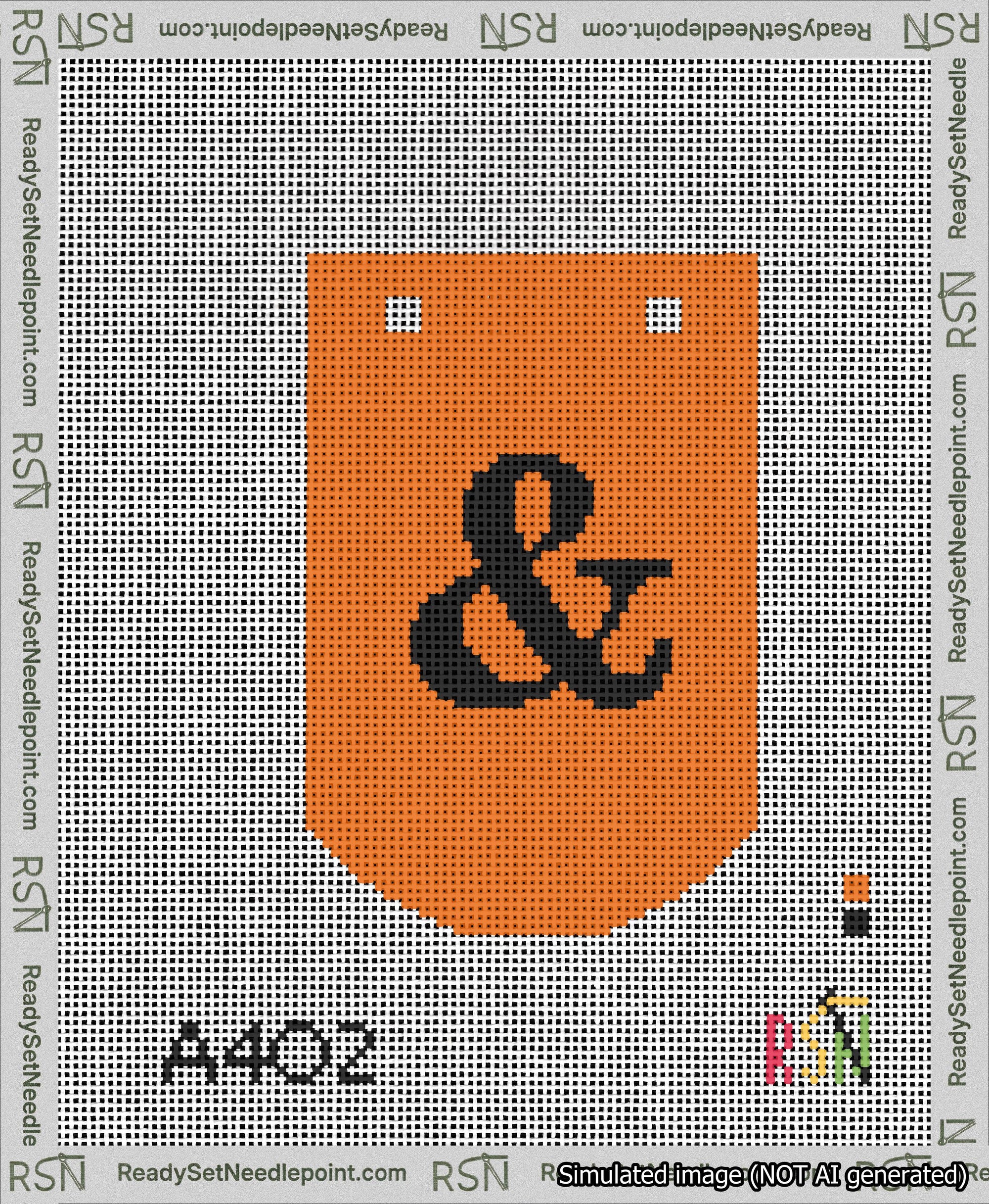 A taped needlepoint canvas with the design: Banner 13 mesh count Curved Ampersand Black on Orange.