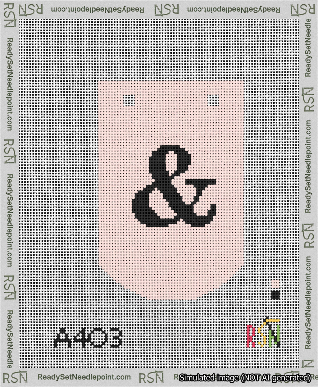 A taped needlepoint canvas with the design: Banner 13 mesh count Curved Ampersand Black on Pink.