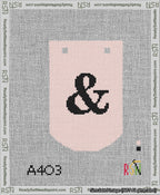 A taped needlepoint canvas with the design: Banner 13 mesh count Curved Ampersand Black on Pink.