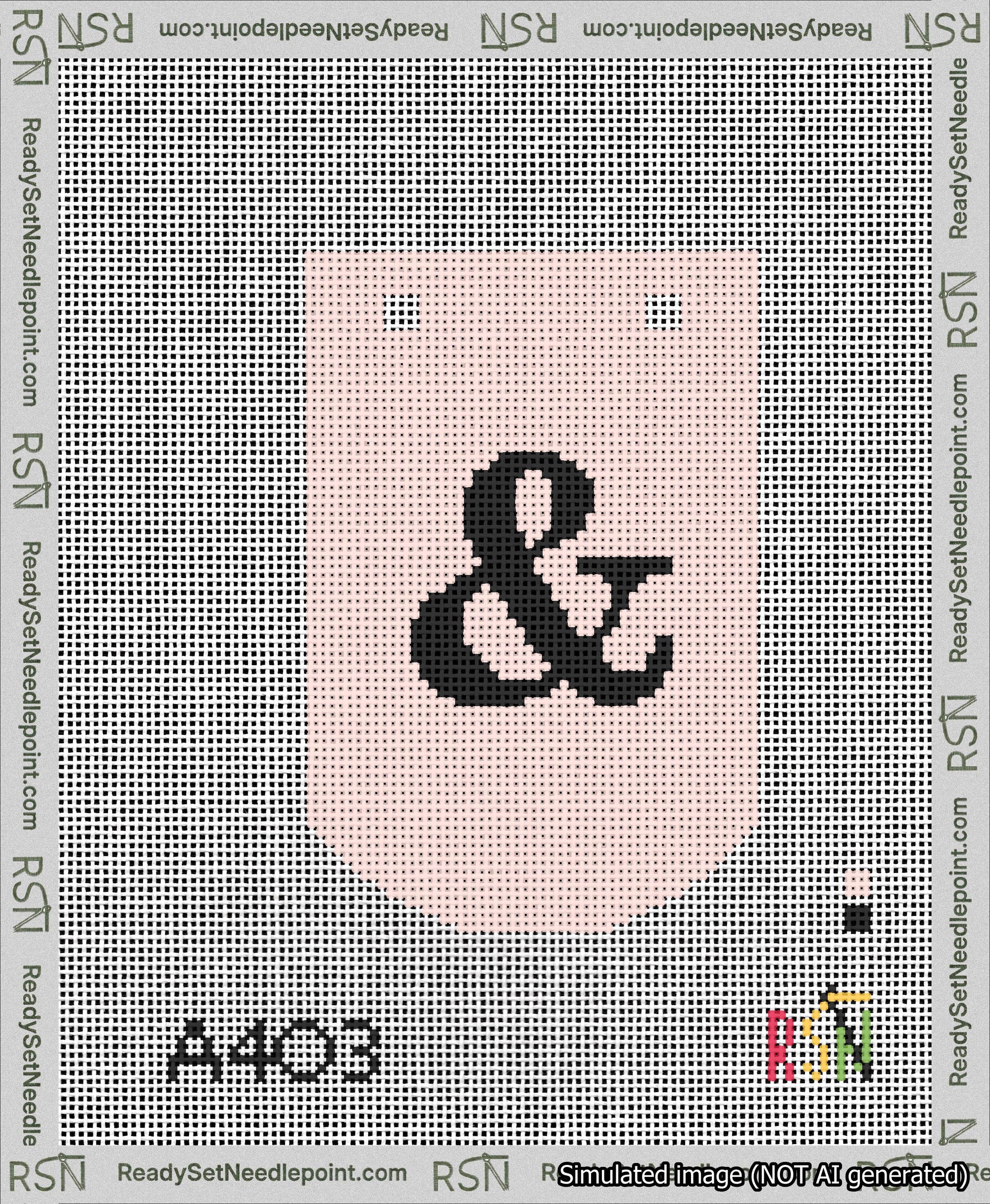 A taped needlepoint canvas with the design: Banner 13 mesh count Curved Ampersand Black on Pink.