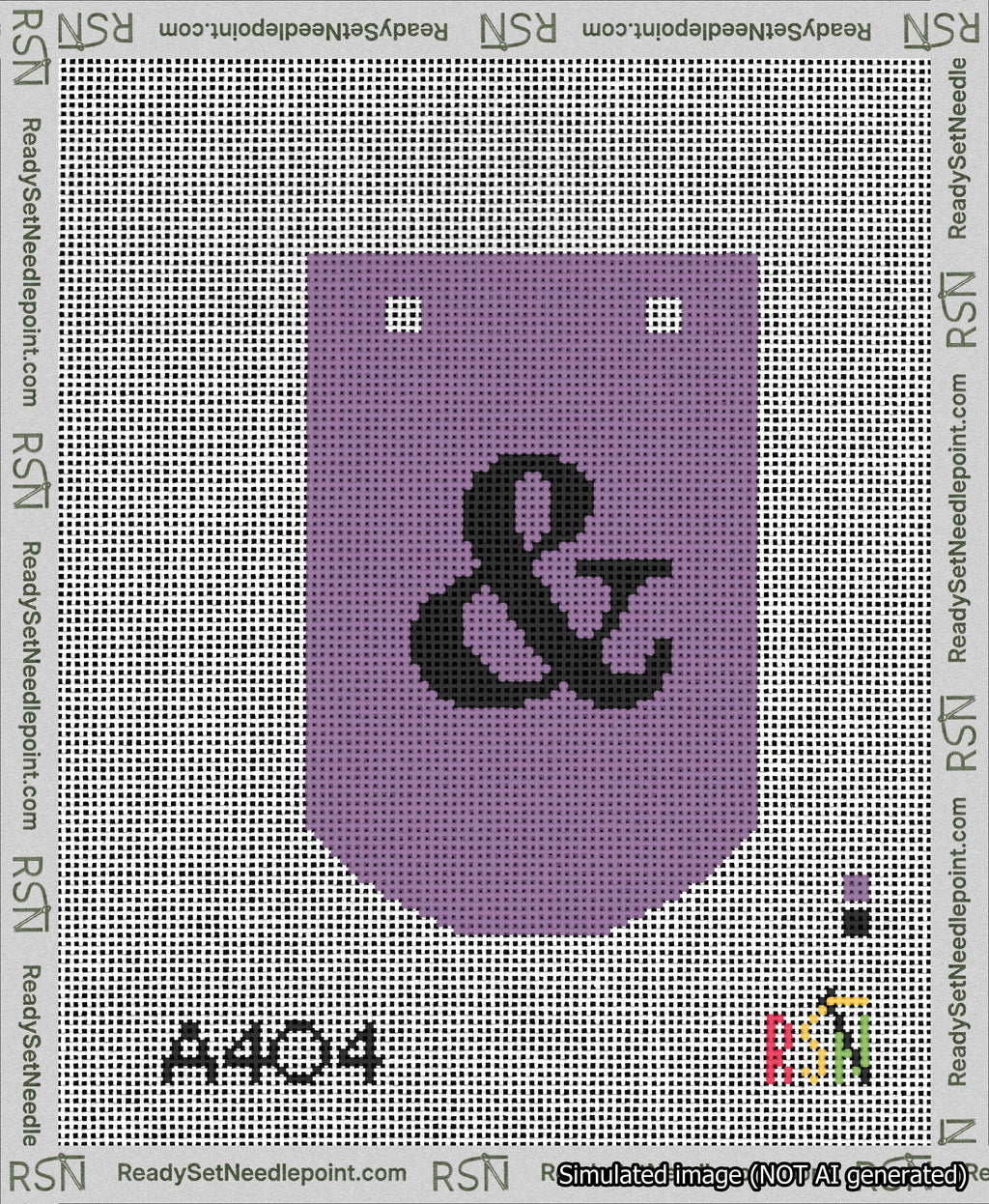 A taped needlepoint canvas with the design: Banner 13 mesh count Curved Ampersand Black on Purple.