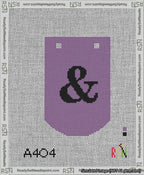 A taped needlepoint canvas with the design: Banner 13 mesh count Curved Ampersand Black on Purple.