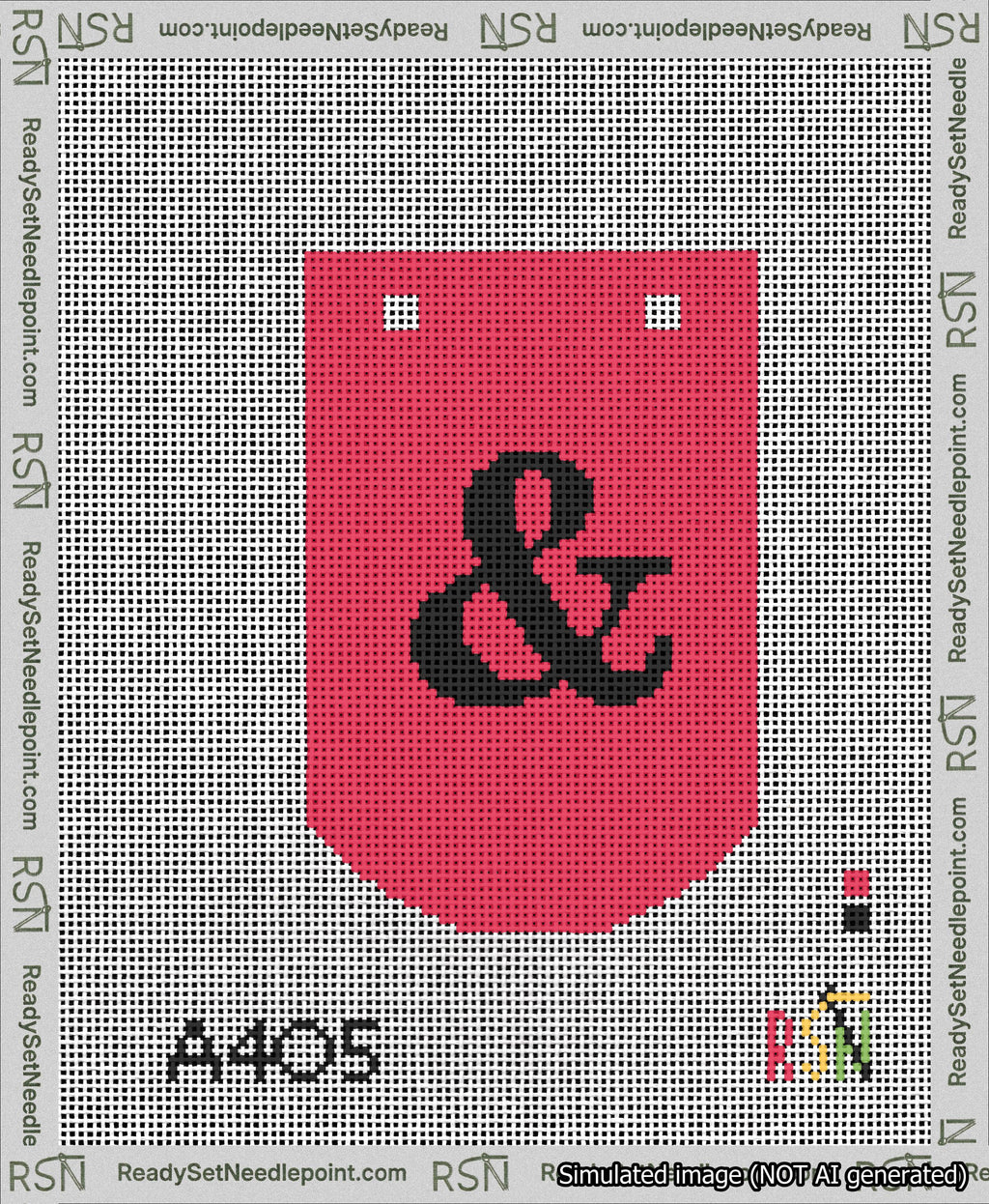 A taped needlepoint canvas with the design: Banner 13 mesh count Curved Ampersand Black on Red.