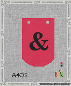 A taped needlepoint canvas with the design: Banner 13 mesh count Curved Ampersand Black on Red.