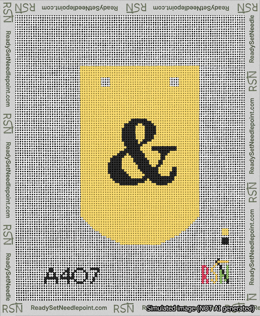 A taped needlepoint canvas with the design: Banner 13 mesh count Curved Ampersand Black on Yellow.