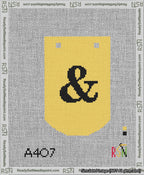 A taped needlepoint canvas with the design: Banner 13 mesh count Curved Ampersand Black on Yellow.